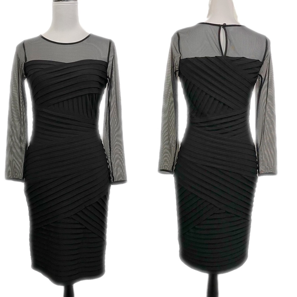 Calvin Klein Black Sheer-Sleeve Midi Bodycon Dress